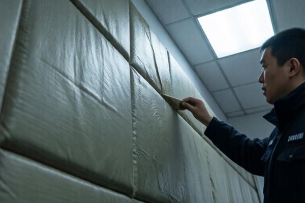 25mm复合防撞软包在某市公安局讯问室墙面安装中，工人涂胶贴板的局部特写，顶灯冷白光照明